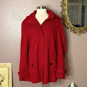 Nicole Miller New York Red Textured‎ Hooded Coat Jacket XL (Missing Belt)